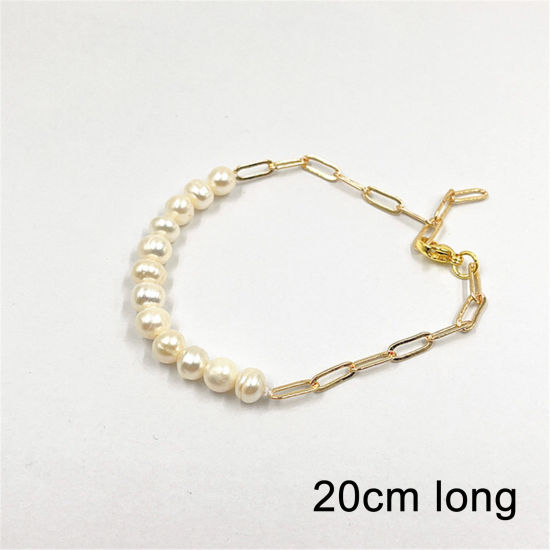 Picture of Eco-friendly Retro Elegant 18K Real Gold Plated Pearl & Brass Paperclip Chain Splicing Bracelets For Women 17cm(6 6/8") long, 1 Piece