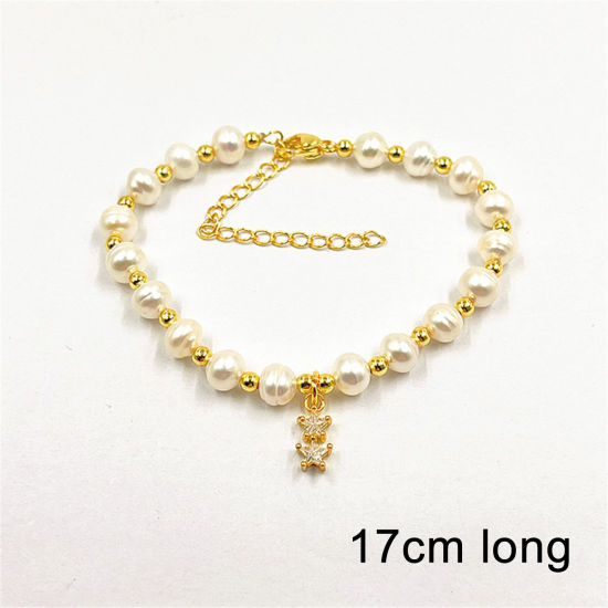 Picture of Eco-friendly Retro Elegant 18K Real Gold Plated Pearl & Brass Pentagram Star Charm Bracelets For Women 17cm(6 6/8") long, 1 Piece