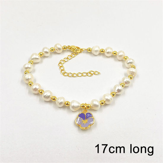 Picture of Eco-friendly Retro Elegant 18K Real Gold Plated Pearl & Brass Flower Enamel Charm Bracelets For Women 17cm(6 6/8") long, 1 Piece