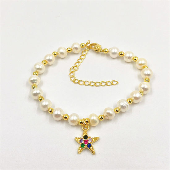 Picture of Eco-friendly Retro Elegant 18K Real Gold Plated Pearl & Brass Star Fish Charm Bracelets For Women 17cm(6 6/8") long, 1 Piece