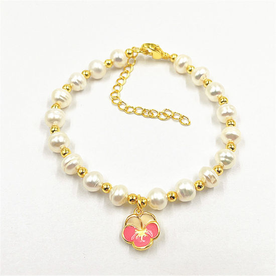 Picture of Eco-friendly Retro Elegant 18K Real Gold Plated Pearl & Brass Flower Enamel Charm Bracelets For Women 17cm(6 6/8") long, 1 Piece