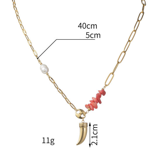 Picture of 1 Piece Vacuum Plating Stylish Boho Chic Bohemia 14K Gold Plated 304 Stainless Steel & Stone Paperclip Chain Chili Pendant Necklace For Women Party 40cm(15 6/8") long