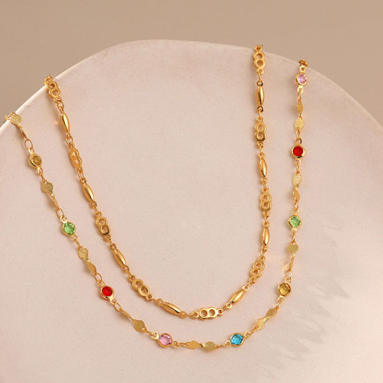 Picture of Eco-friendly Vacuum Plating Stylish Birthstone 18K Real Gold Plated Brass & Cubic Zirconia Link Chain Multilayer Layered Necklace For Women Party 38cm - 43cm long, 1 Piece