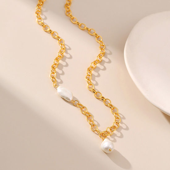 Immagine di Ecologico Elegante Semplice 18K Vero Oro Placcato Ottone Cavo Catena Imitata Perla Collana con Ciondolo Per Donne Festa 45cm Lunghezza, 1 Pz
