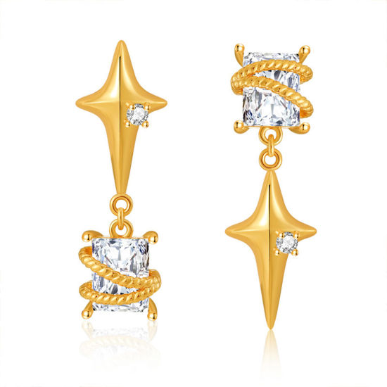 Picture of Hypoallergenic Exquisite Stylish 18K Real Gold Plated Brass & Cubic Zirconia Star Asymmetric Earrings For Women Party 3cm x 0.9cm, 1 Pair