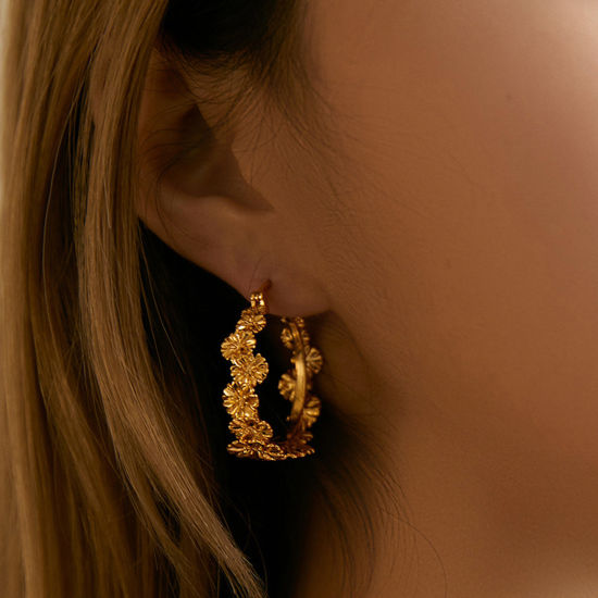 Immagine di Ipoallergenico Semplice & Casual Retrò 18K Vero Oro Placcato Ottone Fiore Orecchini Circolari Per Donne Festa 3.3cm Dia., 1 Paio