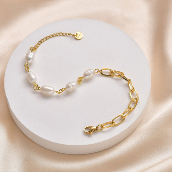 Изображение 1 ШТ вакуумное покрытие Барокко Элегантный 14K позолоченный 304 Нержавеющая Сталь Цепочка зажимов Имитация жемчуга Браслеты Для женщин Партия 16см длина