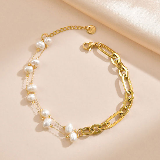 Imagen de 1 Unidad Enchapado al Vacío Barroco Elegante Chapado en Oro de 14K 304 Acero Inoxidable Catena di Fermagli Imitación de perla Pulseras Para Mujeres Fiesta 19cm longitud