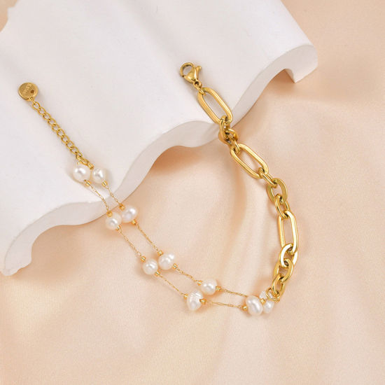 Imagen de 1 Unidad Enchapado al Vacío Barroco Elegante Chapado en Oro de 14K 304 Acero Inoxidable Catena di Fermagli Imitación de perla Pulseras Para Mujeres Fiesta 19cm longitud