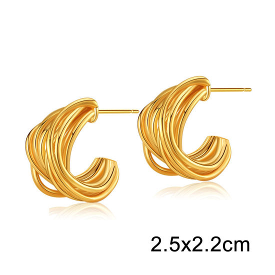Picture of Hypoallergenic Retro Simple 18K Real Gold Plated Brass Stripe Hoop Earrings For Women Party 2cm, 1 Pair