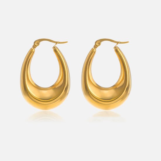 Imagen de Enchapado al Vacío Ecológico Retro Sencillo 14K Oro Real Chapado 304 Acero Inoxidable Aretes de Aro Para Mujeres Fiesta 3.3cm x 2.3cm, 1 Par