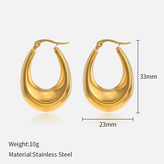 Imagen de Enchapado al Vacío Ecológico Retro Sencillo 14K Oro Real Chapado 304 Acero Inoxidable Aretes de Aro Para Mujeres Fiesta 3.3cm x 2.3cm, 1 Par