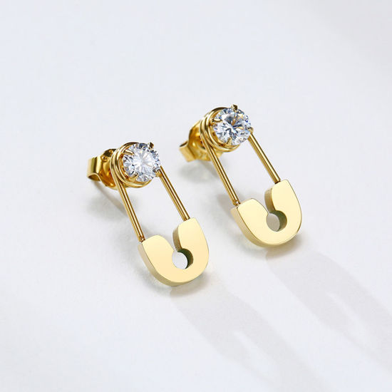 Picture of 1 Pair Vacuum Plating Stylish Exquisite 18K Gold Plated 304 Stainless Steel & Cubic Zirconia Pin Ear Post Stud Earrings For Women Party 1.5cm x 0.6cm