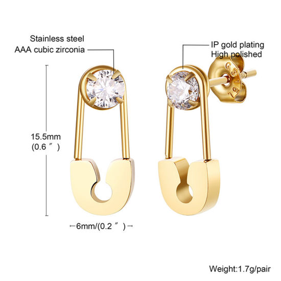 Picture of 1 Pair Vacuum Plating Stylish Exquisite 18K Gold Plated 304 Stainless Steel & Cubic Zirconia Pin Ear Post Stud Earrings For Women Party 1.5cm x 0.6cm