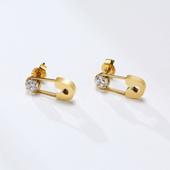 Picture of 1 Pair Vacuum Plating Stylish Exquisite 18K Gold Plated 304 Stainless Steel & Cubic Zirconia Pin Ear Post Stud Earrings For Women Party 1.5cm x 0.6cm