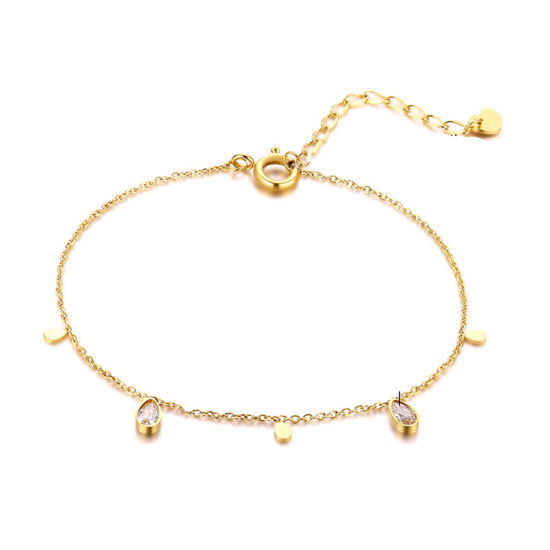 Picture of Eco-friendly Vacuum Plating Simple & Casual Exquisite 18K Gold Plated 304 Stainless Steel & Cubic Zirconia Link Cable Chain Drop Bracelets For Women Party 16cm(6 2/8") long, 1 Piece