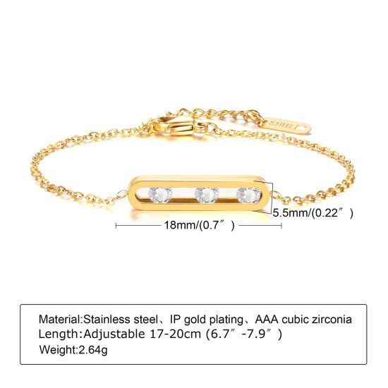 Picture of Eco-friendly Vacuum Plating Simple & Casual Exquisite 18K Gold Plated 304 Stainless Steel & Cubic Zirconia Link Cable Chain Oval Bracelets For Women Party 17cm(6 6/8") long, 1 Piece