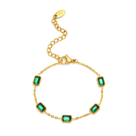 Picture of Eco-friendly Vacuum Plating Simple & Casual Exquisite 18K Gold Plated 304 Stainless Steel & Cubic Zirconia Link Cable Chain Rectangle Bracelets For Women Party 15cm(5 7/8") long, 1 Piece