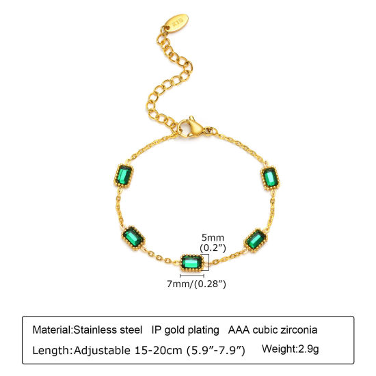 Picture of Eco-friendly Vacuum Plating Simple & Casual Exquisite 18K Gold Plated 304 Stainless Steel & Cubic Zirconia Link Cable Chain Rectangle Bracelets For Women Party 15cm(5 7/8") long, 1 Piece