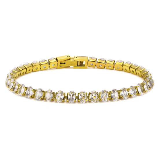Picture of Eco-friendly Vacuum Plating Simple & Casual Exquisite 18K Gold Plated 304 Stainless Steel & Cubic Zirconia Link Chain Bracelets For Women Party 17cm(6 6/8") long, 1 Piece