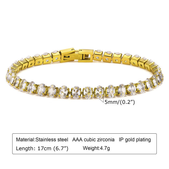 Picture of Eco-friendly Vacuum Plating Simple & Casual Exquisite 18K Gold Plated 304 Stainless Steel & Cubic Zirconia Link Chain Bracelets For Women Party 17cm(6 6/8") long, 1 Piece