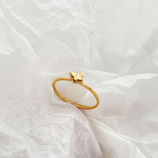 Bild von Umweltfreundliche Vakuumbeschichtung Einfach und lässig Insekt 18K Gold plattiert 304 Edelstahl Uneinstellbar Schmetterling Ring Für Frauen Party 16.5mm（US Größe:6), 1 Stück