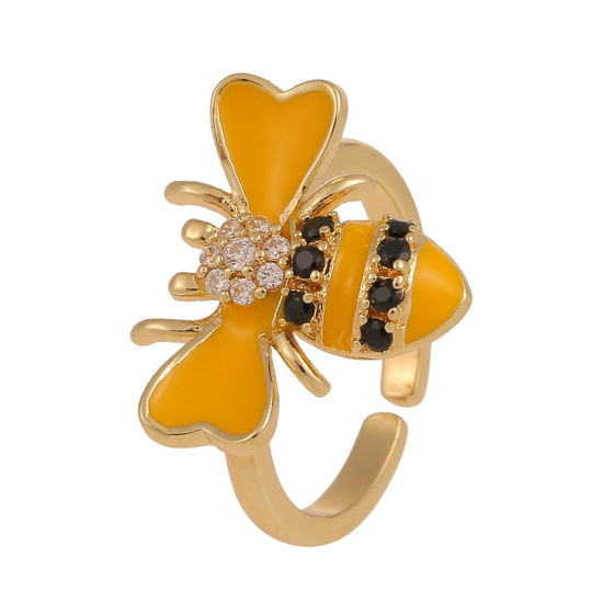 Picture of Eco-friendly Stylish Insect 18K Gold Plated Yellow Brass & Cubic Zirconia Open Bee Animal Enamel Rings For Women Party 18mm(US Size 7.75), 1 Piece