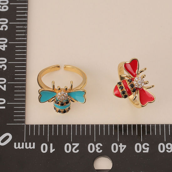 Picture of Eco-friendly Stylish Insect 18K Gold Plated Pink Brass & Cubic Zirconia Open Bee Animal Enamel Rings For Women Party 18mm(US Size 7.75), 1 Piece