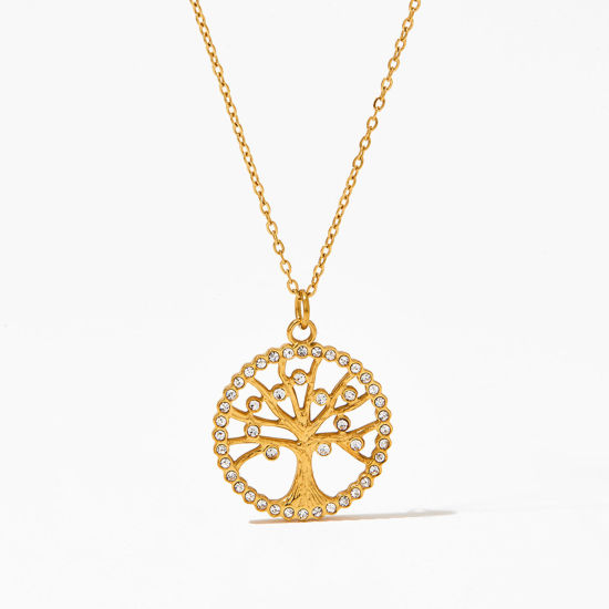 Picture of Eco-friendly Vacuum Plating Stylish Retro 18K Real Gold Plated 304 Stainless Steel & Cubic Zirconia Link Cable Chain Round Tree of Life Pendant Necklace For Women Graduation 41cm(16 1/8") long, 1 Piece