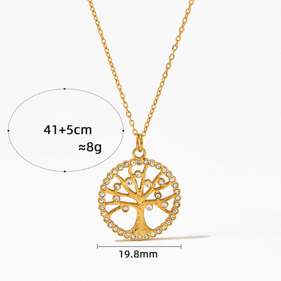 Picture of Eco-friendly Vacuum Plating Stylish Retro 18K Real Gold Plated 304 Stainless Steel & Cubic Zirconia Link Cable Chain Round Tree of Life Pendant Necklace For Women Graduation 41cm(16 1/8") long, 1 Piece