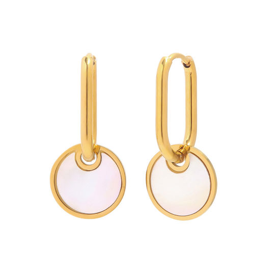 Picture of 1 Pair Vacuum Plating Retro Stylish 18K Real Gold Plated 304 Stainless Steel & Shell Round Earrings For Women Party 3.4cm x 1.2cm