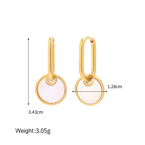 Picture of 1 Pair Vacuum Plating Retro Stylish 18K Real Gold Plated 304 Stainless Steel & Shell Round Earrings For Women Party 3.4cm x 1.2cm