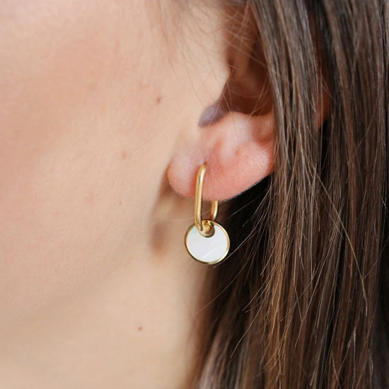 Picture of 1 Pair Vacuum Plating Retro Stylish 18K Real Gold Plated 304 Stainless Steel & Shell Round Earrings For Women Party 3.4cm x 1.2cm