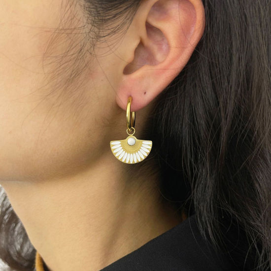Immagine di Ipoallergenico Retrò Etnico 18K Vero Oro Placcato Bianco 304 Acciaio Inossidabile A Forma di Ventagli Smalto Orecchino Per Donne Festa 3cm, 1 Paio