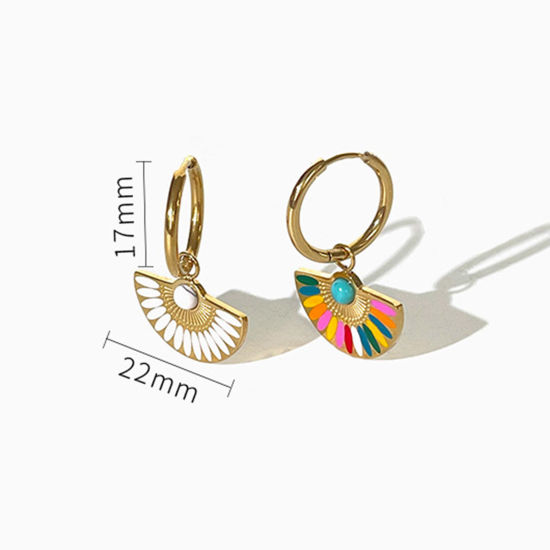 Immagine di Ipoallergenico Retrò Etnico 18K Vero Oro Placcato Bianco 304 Acciaio Inossidabile A Forma di Ventagli Smalto Orecchino Per Donne Festa 3cm, 1 Paio