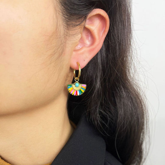 Immagine di Ipoallergenico Retrò Etnico 18K Vero Oro Placcato Multicolore 304 Acciaio Inossidabile A Forma di Ventagli Smalto Orecchino Per Donne Festa 3cm, 1 Paio