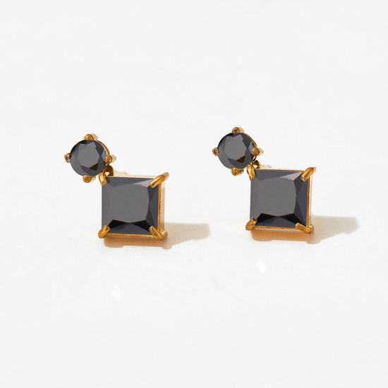 Immagine di 1 Paio Placcatura Sottovuoto Elegante Squisito 18K Vero Oro Placcato 304 Acciaio Inossidabile & Zircone Cubico Quadrato Tondo Orecchini a Perno Per Donne Compleanno 1.3cm x 0.9cm