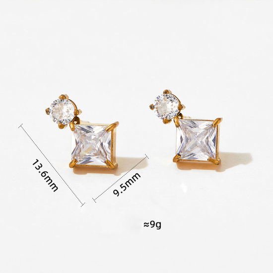 Immagine di 1 Paio Placcatura Sottovuoto Elegante Squisito 18K Vero Oro Placcato 304 Acciaio Inossidabile & Zircone Cubico Quadrato Tondo Orecchini a Perno Per Donne Compleanno 1.3cm x 0.9cm
