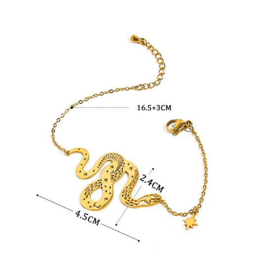 Picture of 1 Piece Vacuum Plating Retro Religious 18K Real Gold Plated 304 Stainless Steel Link Cable Chain Snake Animal Eight Pointed Star Hollow Charm Bracelets For Women Party 16cm(6 2/8") long