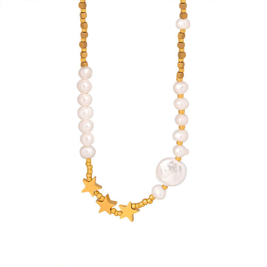 Immagine di Placcatura Sottovuoto Ecologica Elegante Barocco 18K Vero Oro Placcato Acciaio Inossidabile 304 & Perla Naturale Stella a Cinque Punte Strozzatore Collana Per Donne 38cm Lunghezza, 1 Pz