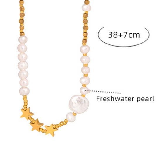 Immagine di Placcatura Sottovuoto Ecologica Elegante Barocco 18K Vero Oro Placcato Acciaio Inossidabile 304 & Perla Naturale Stella a Cinque Punte Strozzatore Collana Per Donne 38cm Lunghezza, 1 Pz