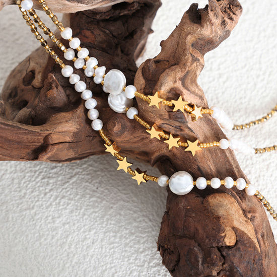 Immagine di Placcatura Sottovuoto Ecologica Elegante Barocco 18K Vero Oro Placcato Acciaio Inossidabile 304 & Perla Naturale Stella a Cinque Punte Strozzatore Collana Per Donne 38cm Lunghezza, 1 Pz