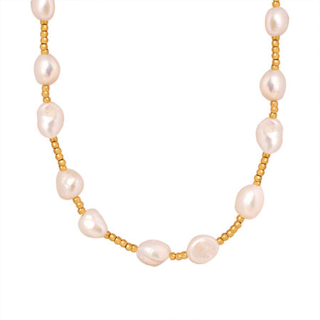 1 Unidad Enchapado al Vacío Elegante Romántico 18K Oro Real Chapado Acero Inoxidable 304 & Perla Natural. Collar de Cuentas Para Mujeres 38cm longitud