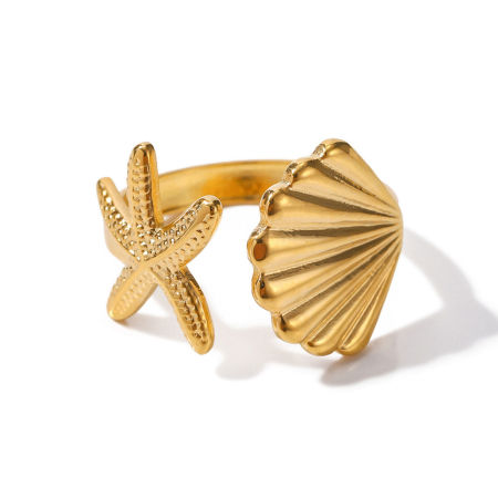 Image de Placage Sous Vide Écologique À la Mode Bagues Ouvert Bijoux d'Océan en 304 Acier Inoxydable Plaqué Or Véritable 18K Etoile de Mer Coquilles Pour Femmes Fête 17mm (Taille d'US 6.5), 1 Pièce