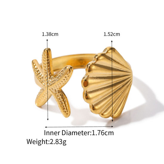 Picture of Eco-friendly Vacuum Plating Stylish Ocean Jewelry 18K Real Gold Plated 304 Stainless Steel Open Star Fish Shell Rings For Women Party 17mm(US Size 6.5), 1 Piece
