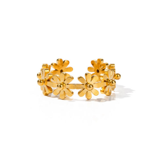 Image de Placage Sous Vide Écologique À la Mode Bagues Ouvert Simple en 304 Acier Inoxydable Plaqué Or Véritable 18K Marguerite Pour Femmes Fête 17mm (Taille d'US 6.5), 1 Pièce