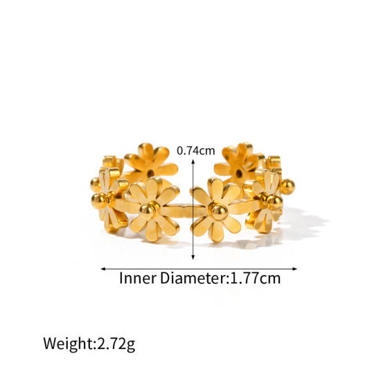 Image de Placage Sous Vide Écologique À la Mode Bagues Ouvert Simple en 304 Acier Inoxydable Plaqué Or Véritable 18K Marguerite Pour Femmes Fête 17mm (Taille d'US 6.5), 1 Pièce