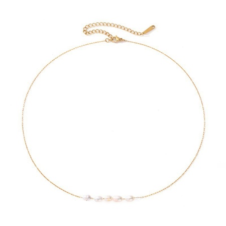 Picture of Eco-friendly Vacuum Plating Stylish Elegant 14K Gold Plated Stainless Steel & Natural Pearl Link Cable Chain Baroque Pendant Necklace For Women Anniversary 42cm(16 4/8") long, 1 Piece