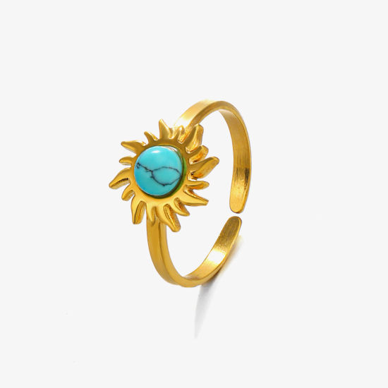 Bild von Umweltfreundliche Vakuumbeschichtung Retro Böhmischer Stil 18K Gold plattiert 304 Edelstahl & Stein Offen Rund Sonnenblume Ring Für Frauen Party 17mm (US Größe 6.5), 1 Stück