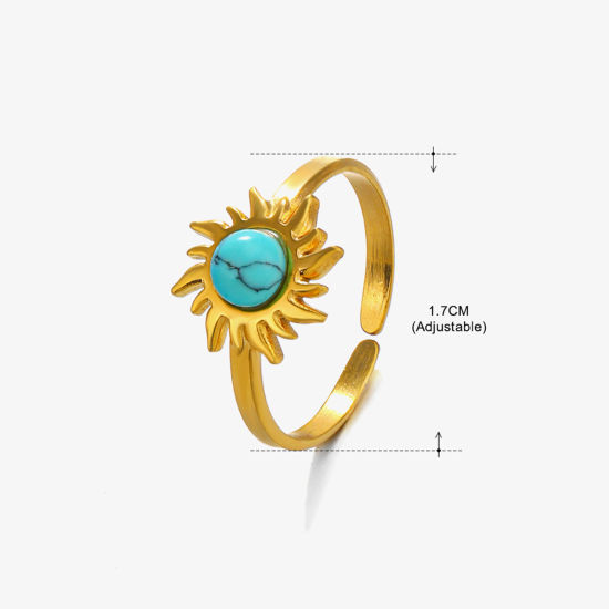 Bild von Umweltfreundliche Vakuumbeschichtung Retro Böhmischer Stil 18K Gold plattiert 304 Edelstahl & Stein Offen Rund Sonnenblume Ring Für Frauen Party 17mm (US Größe 6.5), 1 Stück